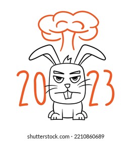 Angry rabbit. Symbol of 2023. Tough year. An explosion behind the back of a cartoon rabbit. Cartoon illustration of a funny rabbit isolated on white