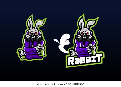 angry rabbit wearing a gas mask on his face and hoodie or jacket on his body, both hands holding spray paint that emits smoke suitable for team logo or esport logo  and mascot logo, or tshirt design