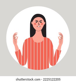 Angry rage young woman, irritability concept. Human negative emotion. Female feeling furious aggresive. Flat vector illustration.