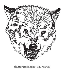 Angry raging wolf head sketchy vector drawing isolated on white background