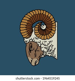 angry ram head with horns and white wool, farm animal, hunting trophy, color vector illustration with black contour lines on a blue background in cartoon and hand drawn style