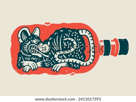 Angry rat in a bottle of poison. Bicolor vector. Illustration. Poster, rocker drawing. Tatoo efecct