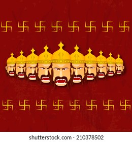 Angry Ravana with his ten heads and wearing golden crown with the holy sign of Swastik on maroon background.