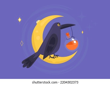 Angry Raven Or Scary Crow Sitting On The Moon. Hold Magical Bottle Of Poisinous Potion. Halloween Night. Trendy Halloween Greeting Card.