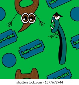 Angry razor and scared beard seamless pattern. Stock vector illustration