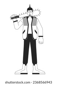 Angry rebel man flat line black white vector character. Protester with basebal bat. Holding weapon. Editable outline full body person. Simple cartoon isolated spot illustration for web graphic design