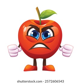 Angry red apple character with clenched fists, expressing frustration. Vector cartoon illustration