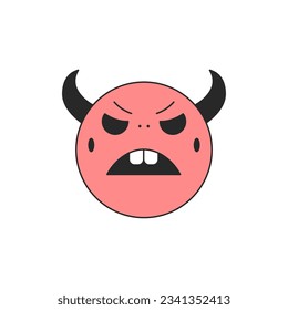 Angry red baby devil horned creature face portrait cartoon character retro 30s animation style icon vector flat illustration. Aggressive mad little monster horror scary comic mascot head emoticon