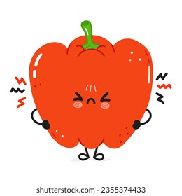 Personaje de pimienta roja enojado. Caricatura dibujada a mano del vector icono de ilustración del personaje kawaii. Aislado sobre fondo blanco. Sad Red bell pepper