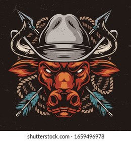 Angry red bull head in cowboy hat with crossed arrows and rope in vintage style isolated vector illustration