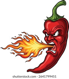 Angry Red Chili Pepper Blowing Fire Cartoon Illustration
