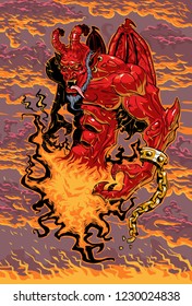 Angry red demon in a fiery hell
