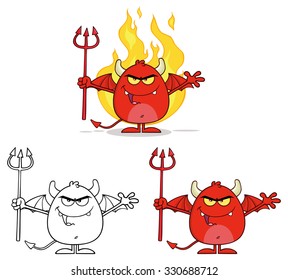 Angry Red Devil Cartoon Character Holding A Pitchfork Over Flames. Vector Collection Set