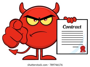 Angry Red Devil Cartoon Emoji Character Pointing With Finger And Holding A Contract. Vector Illustration Isolated On White Background