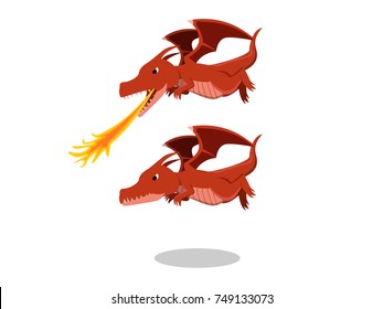 Angry red dragon with fire breath, cartoon vector design