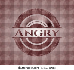 Angry red emblem or badge with abstract geometric polygonal pattern background. Seamless.