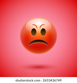 Angry red emoji face with frown and furrowed brows on gradient background expressing frustration rage or negative emotion.
