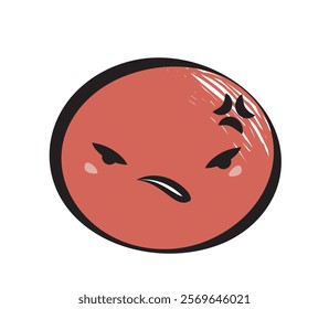 Angry red emoji face with furrowed brows and a scornful expression, featuring bold black outlines and a glossy finish on a white background. Emotion concept. Vector illustration.