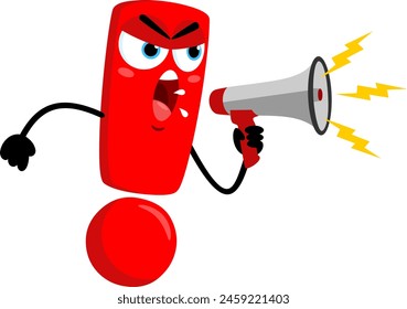 Angry Red Exclamation Mark Cartoon Character Speaking Through A Megaphone. Vector Illustration Flat Design Isolated On Transparent Background