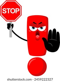 Angry Red Exclamation Mark Cartoon Character Holding A Stop Sign. Vector Illustration Flat Design Isolated On Transparent Background