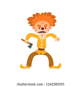 Angry red haired clown cartoon character, halloween clown with evil eyes holding axe vector Illustration on a white background