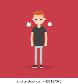 Angry red head boy blowing steam. Flat cartoon vector illustration svg