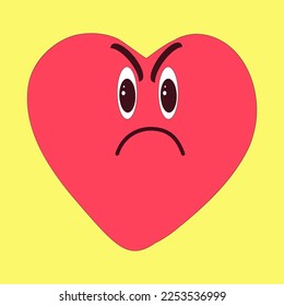 Angry red heart on yellow background.  Emotional face image. Cartoon vector illustration