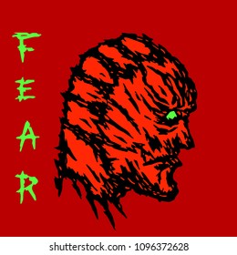 angry red monster head profile. horror genre. vector illustration