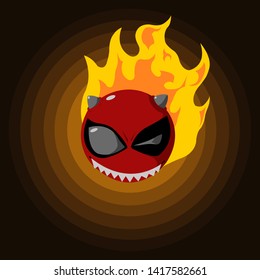 Angry red monster,toothy,with horns fire devil on colored background