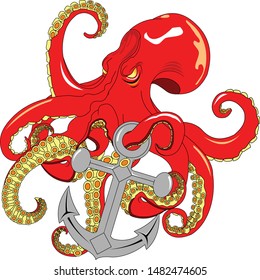 Angry red octopus with yellow eyes holds an anchor in tentacles
