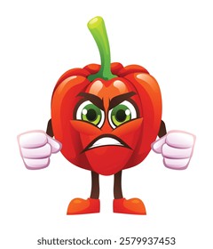 Angry red pepper character with clenched fists, expressing frustration. Vector cartoon illustration