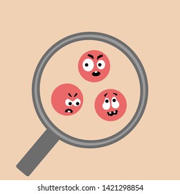 Angry red pimples with different emotions under a magnifying glass. Flat vector