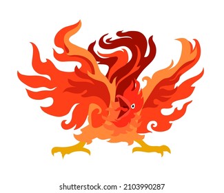 Angry red rooster, a fiery demon, a symbol of disaster. Color vector illustration isolated on a white background in a cartoon and flat design.