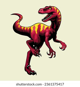 Angry Red Velociraptor dinosaur in vintage handdrawn style