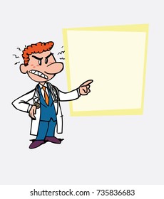 Angry red-haired doctor is showing, as in a presentation, the data you want.