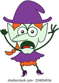 Angry red-haired witch with purple clothes and hat, big nose, pointy ears and green skin while frowning, yelling, clenching a fist and raising her arms in a very aggressive mood