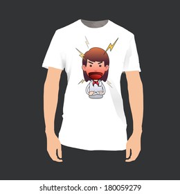 Angry redhead girl holding printed on shirt. Vector design.