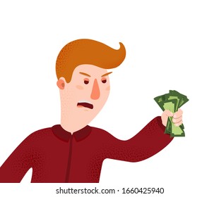 Angry redhead guy shouting shut up and take my money vector graphic illustration. Cartoon male holding cash currency money have negative emotion isolated on white background