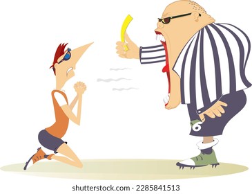 Angry referee holding a yellow card. Kneeling sportsman.
Angry referee shows a yellow card the sportsman staying on the knees
