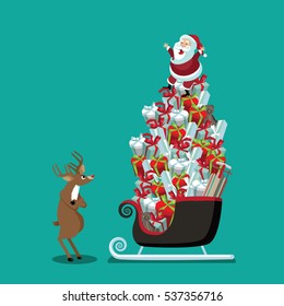 Angry reindeer facing down Santa Claus on a Christmas sleigh loaded with a huge, heavy stack of gifts. EPS 10 vector.