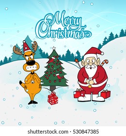 Angry reindeer that Santa made a gift fall down. Evil deer mad at Santa. Santa shock his deer angry. Christmas illustration. Christmas vector. Funny Santa and Reindeer