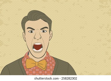 Angry retro man screaming. Vintage art. 
