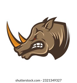 Angry rhino head isolated on white background. Sport team or club emblem template. 