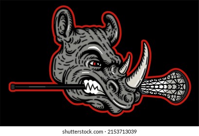 angry rhino mascot biting lacrosse stick for school, college or league