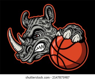 angry rhino mascot holding basketball for school, college or league