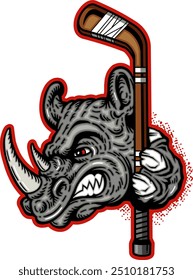 angry rhino mascot holding hockey stick for school, college or league sports