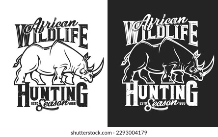 Angry rhino mascot, hunting sport club t-shirt print, vector rhinoceros emblem. Safari hunt open season and hunters club emblem with aggressive rhinoceros and slogan motto for African hunt