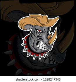 angry rhinoceros head logo vector wearing hat 