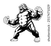 Angry Roaring Gorilla Black and White Illustration