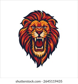 Angry roaring lion head vector illustration. Fierce animal mascot or emblem design with thick outlines, vibrant red and orange colors, perfect for logos, sports, or tattoo projects. Part of set.